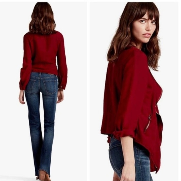 LUCKY BRAND ADDISYN UPDATE Dark Red Linen Blend Zip Up Moto Style Jacket Small - Picture 10 of 10